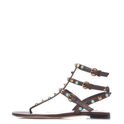 Valentino Garavani Calfskin Rockstud Rolling Ankle Wrap Flat Thong Sandals 37 Cacao 1 of 8
