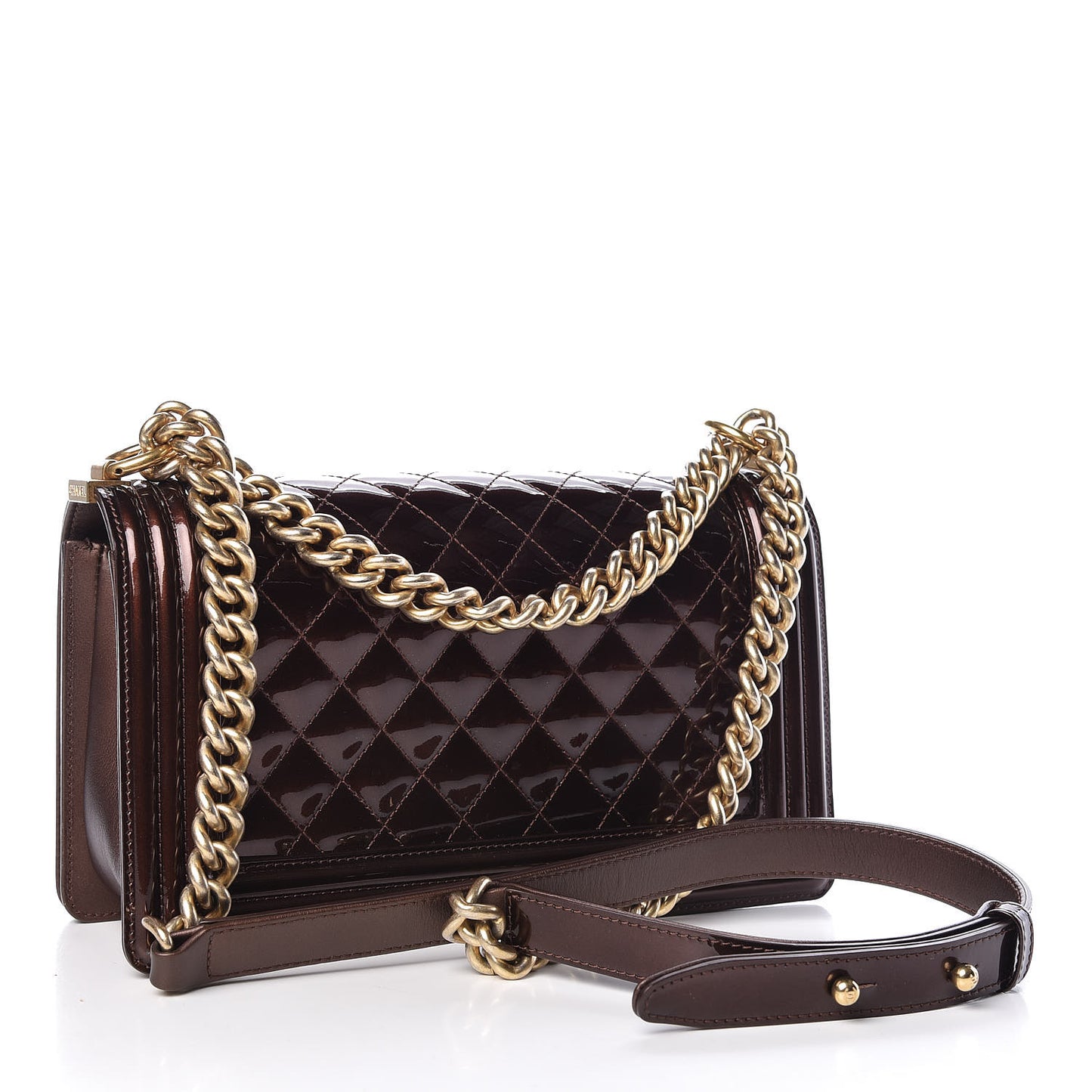 Metallic Patent Calfskin Quilted Medium Boy Flap Brown