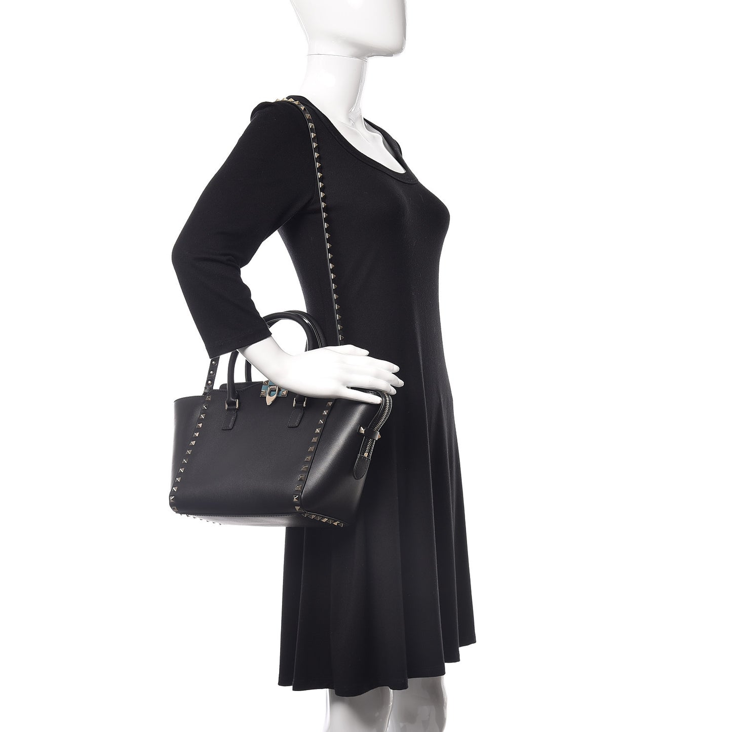 Vitello Small Rockstud Double Handle Tote Black