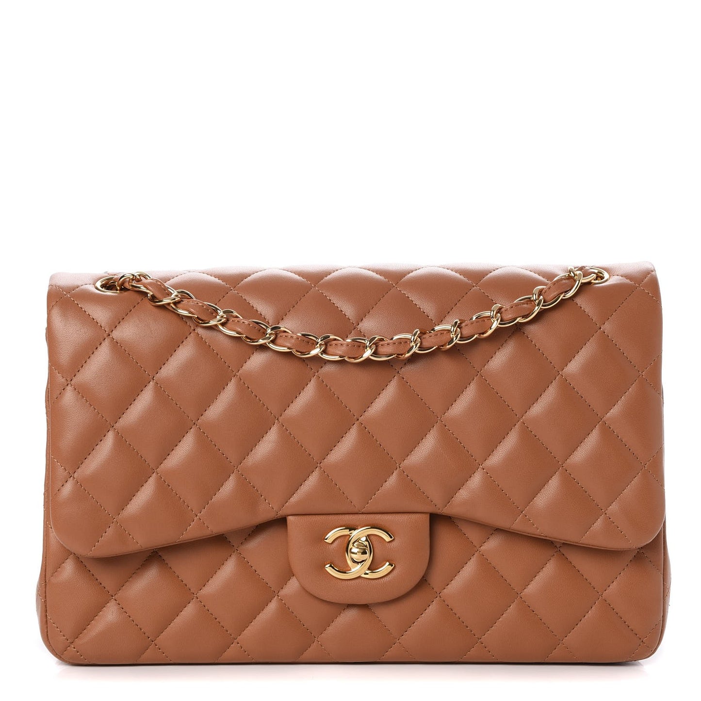Lambskin Quilted Jumbo Double Flap Camel