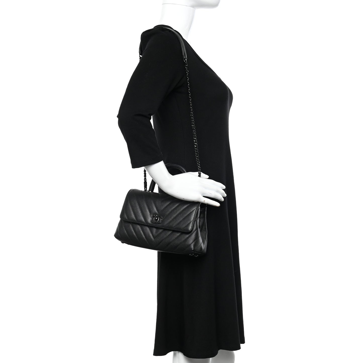 Caviar Chevron Quilted Mini Coco Handle Flap So Black