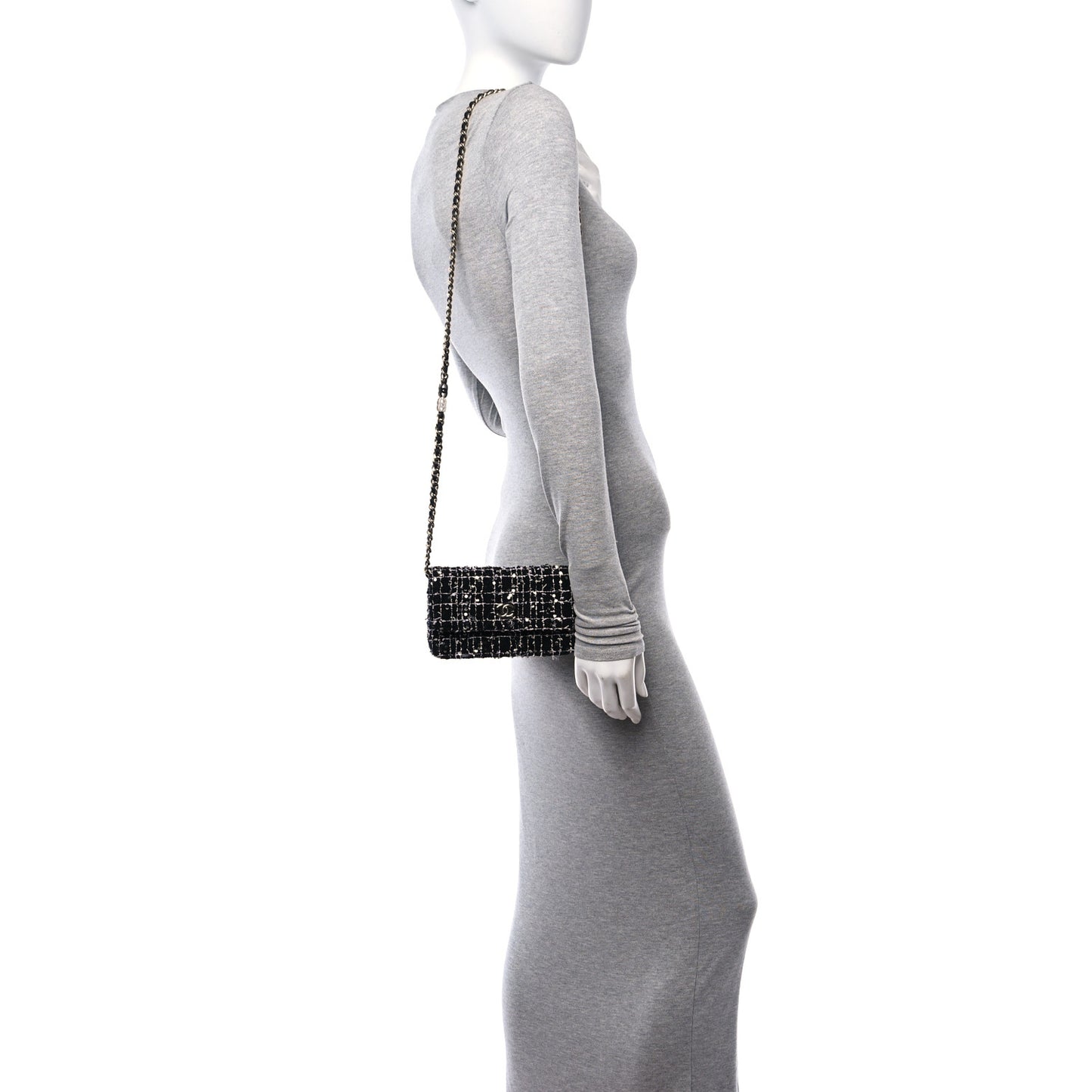 Tweed Sequin Quilted CC Flap Phone Holder With Chain Black White