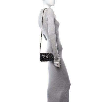 Chanel Tweed Sequin Quilted CC Flap Phone Holder With Chain Black White 2 of 11