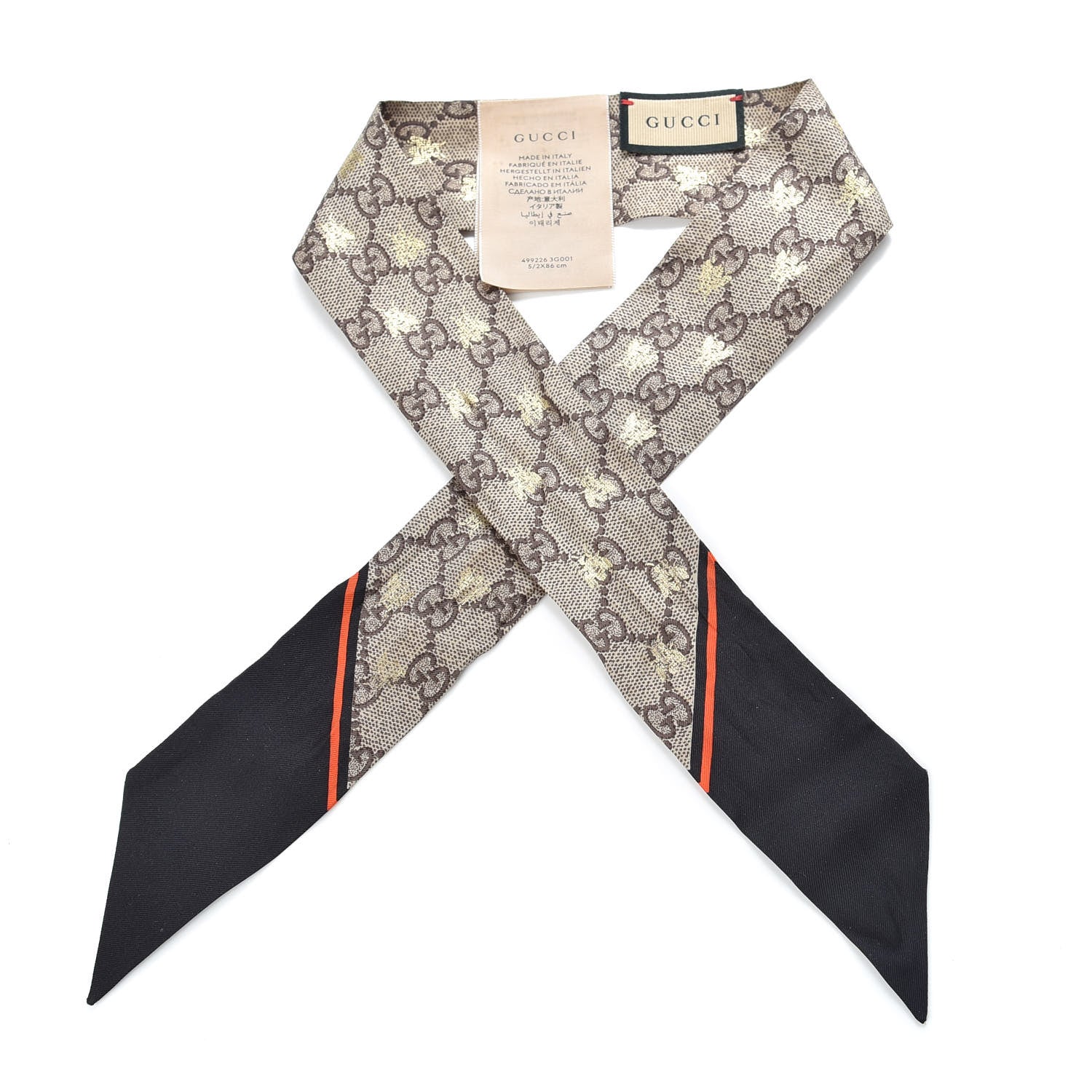 Gucci Silk Twill GG Monogram GG Bee Neck Bow Scarf Black Red 1 of 4