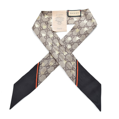 Gucci Silk Twill GG Monogram GG Bee Neck Bow Scarf Black Red 1 of 4