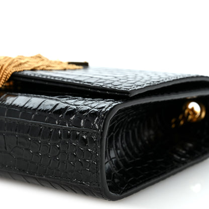 Saint Laurent Calfskin Crocodile Embossed Small Classic Monogram Kate Tassel Satchel Black 9 of 10
