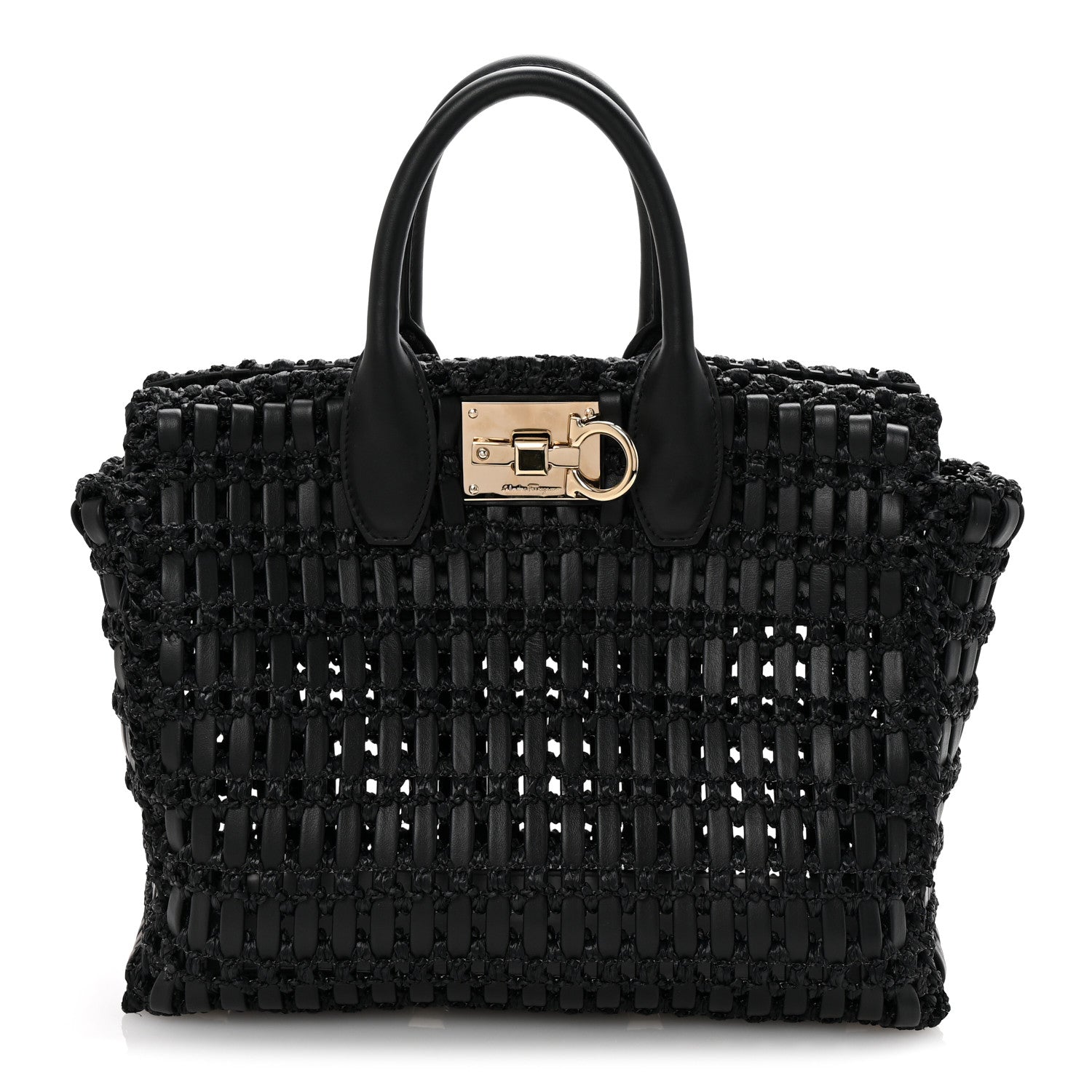 Salvatore Ferragamo Raffia Calfskin The Studio Box Tote Black 1 of 10