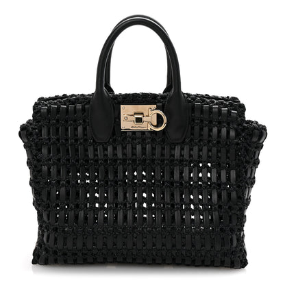 Salvatore Ferragamo Raffia Calfskin The Studio Box Tote Black 1 of 10