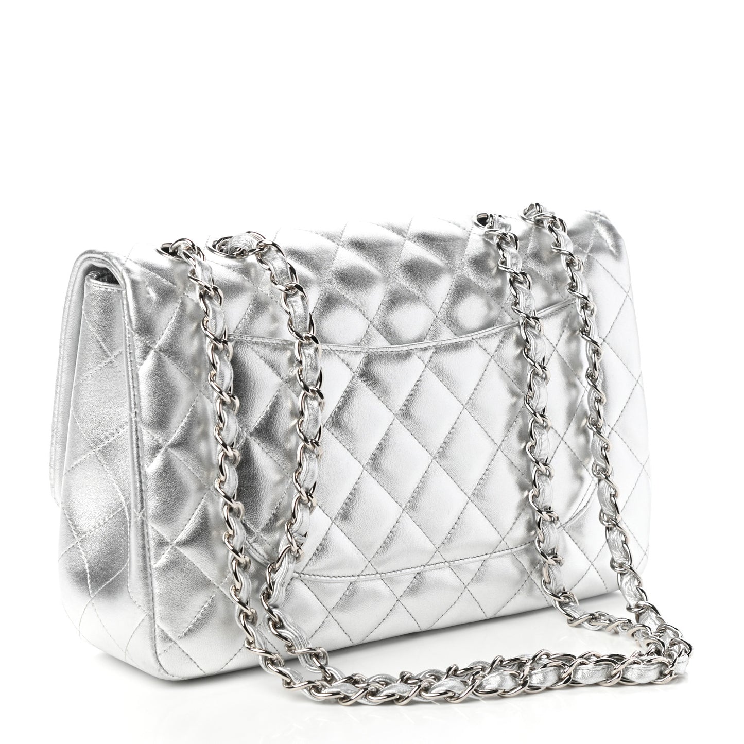 Metallic Lambskin Quilted Jumbo Single Flap Silver