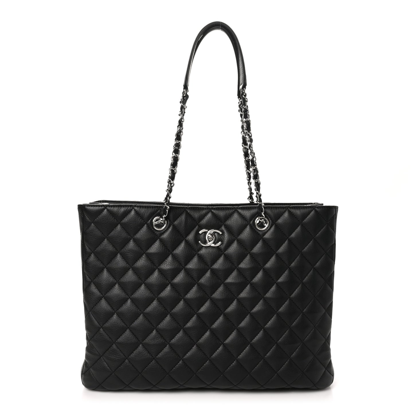 Calfskin Quilted Large Classic Shopping Tote Black