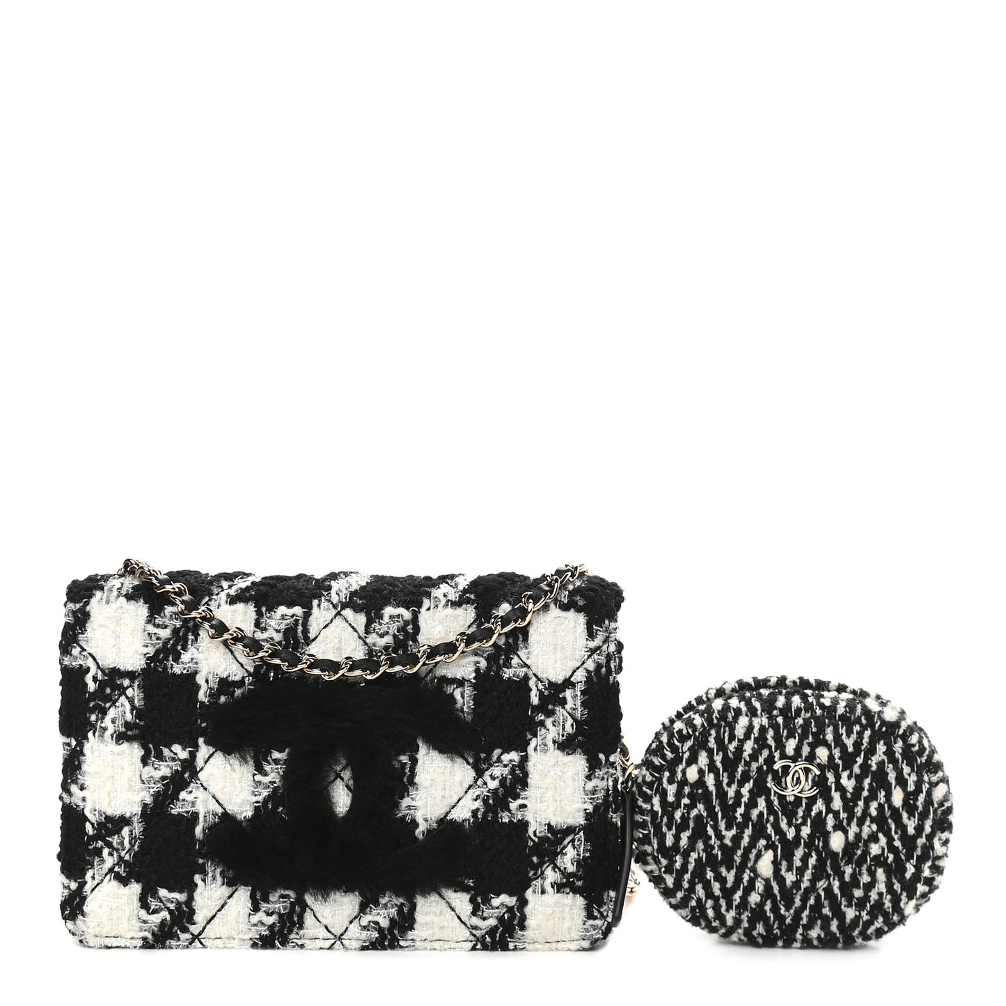 Tweed Shearling Quilted Chanel Wallet On Chain WOC and Coin Purse White Black