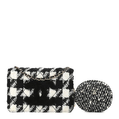 Chanel Tweed Shearling Quilted Chanel Wallet On Chain WOC and Coin Purse White Black 1 of 10
