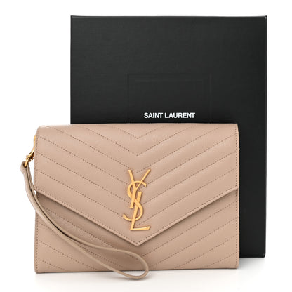 Saint Laurent Grain De Poudre Matelasse Chevron Monogram Envelope Clutch Dark Beige 11 of 11