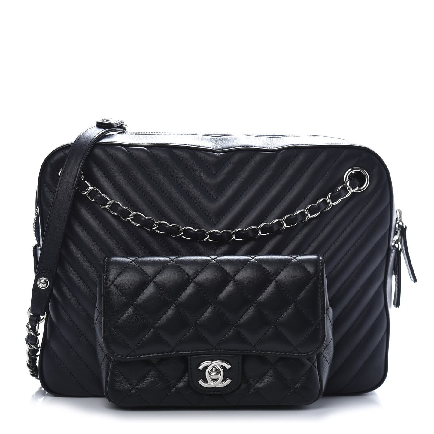 Calfskin Chevron Quilted Double Camera Bag With Flap Black