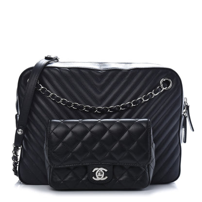 Chanel Calfskin Chevron Quilted Double Camera Bag With Flap Black 1 of 13