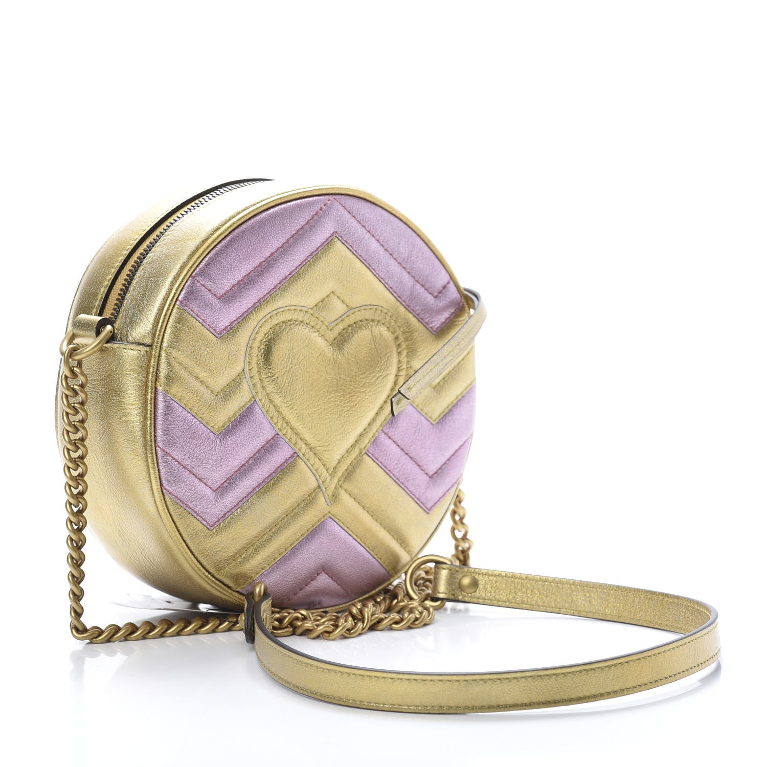 Gucci Metallic Nappa Matelasse Heart Mini GG Marmont Round Shoulder Bag Oro Vecchio Rosa 4 of 12