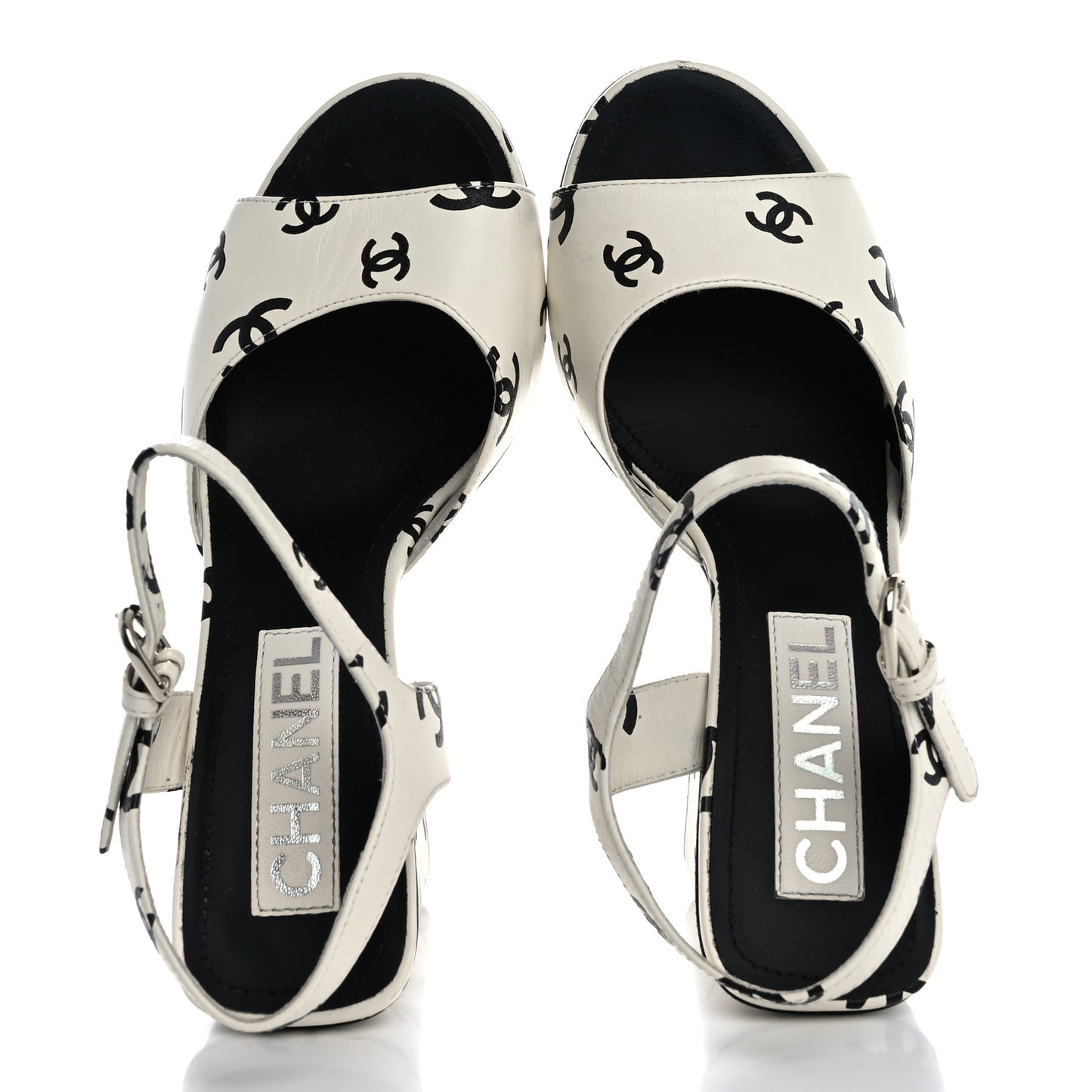 Printed Lambskin CC Platform Sandals 37 White Black
