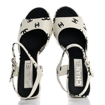 Chanel Printed Lambskin CC Platform Sandals 37 White Black 2 of 15