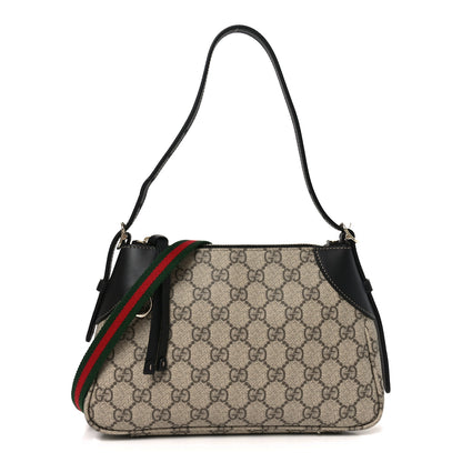 Gucci GG Supreme Monogram Textured Calfskin Small Emblem Shoulder Bag Beige Black 1 of 10