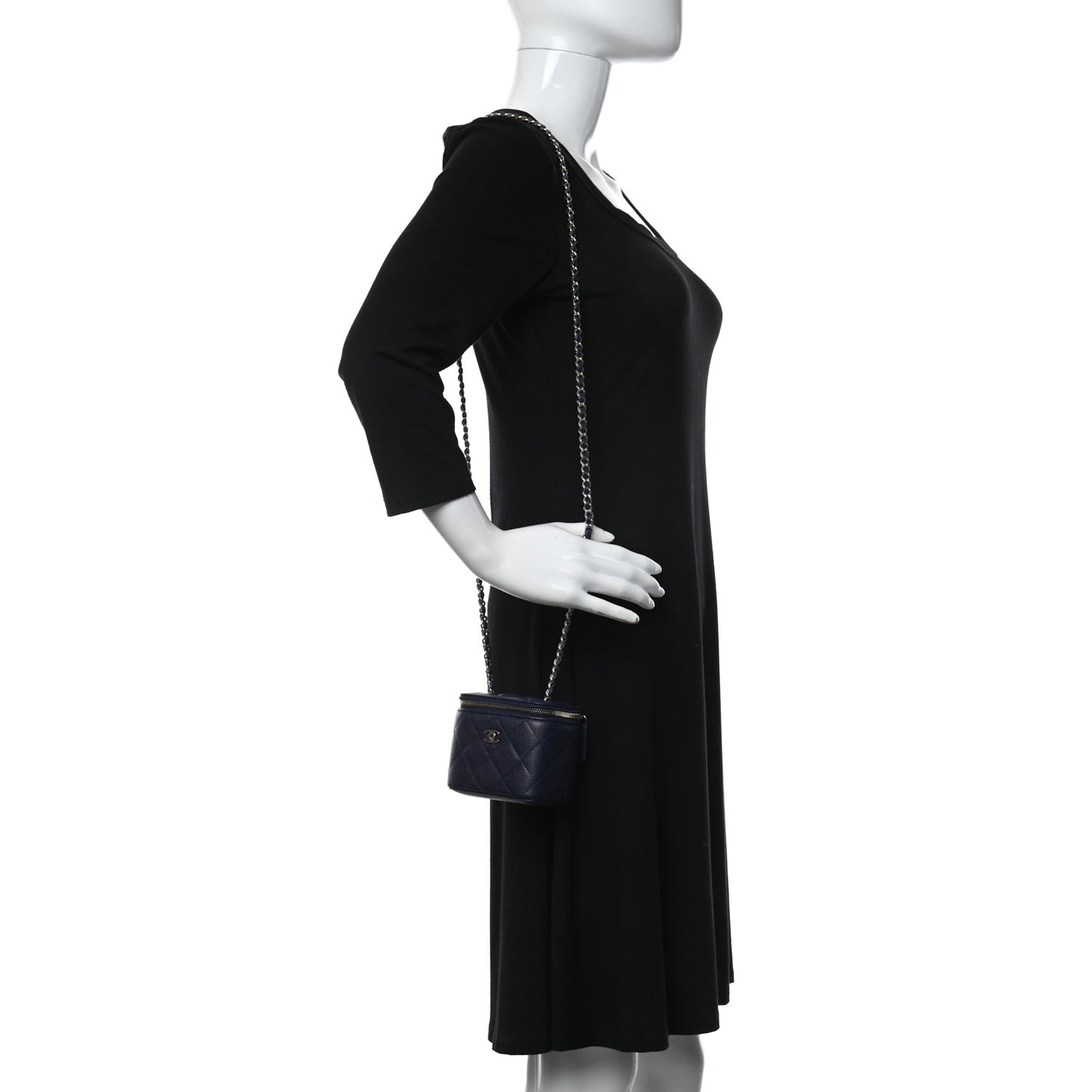 Caviar Quilted Mini Vanity Case With Chain Navy Blue