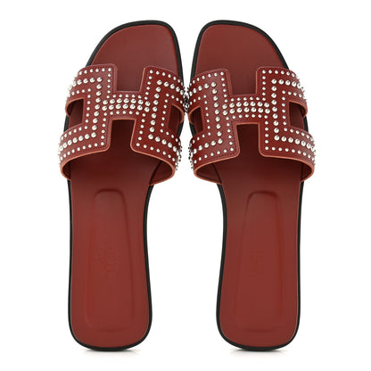 Hermes Calfskin Studded Oran Sandals 36.5 Rouge Tomette 2 of 10