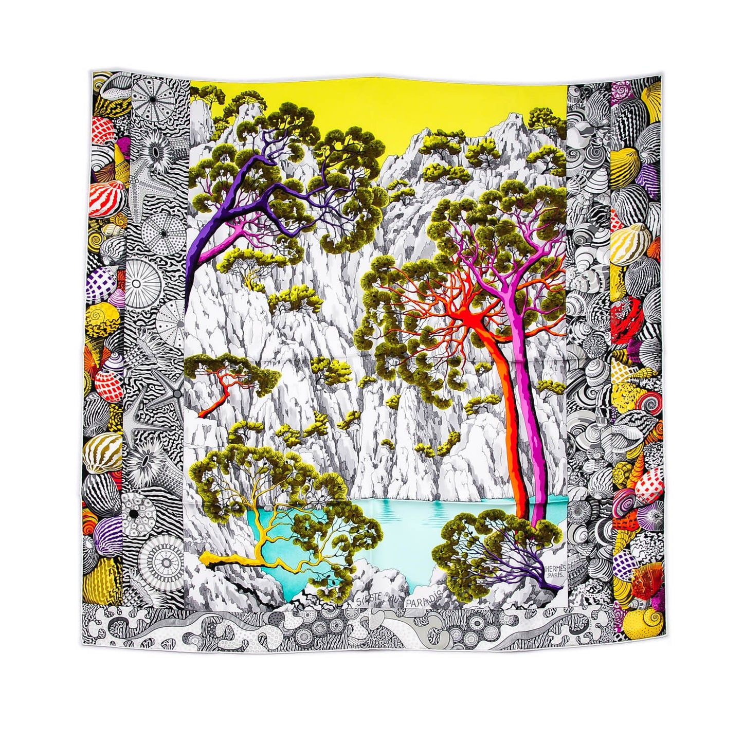 Silk Sieste Au Paradis Scarf 90 Jaune Vif Violet Gris