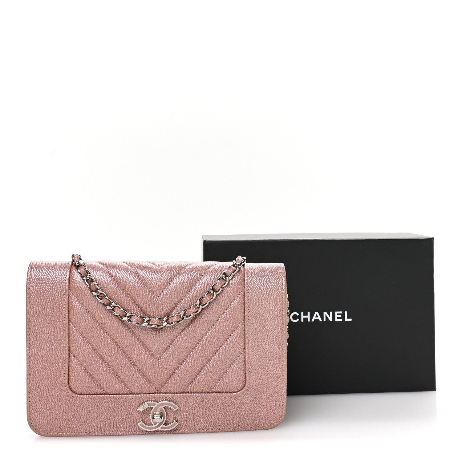 Chanel Metallic Caviar Chevron Quilted Vintage Mademoiselle Wallet On Chain WOC Pink 12 of 13