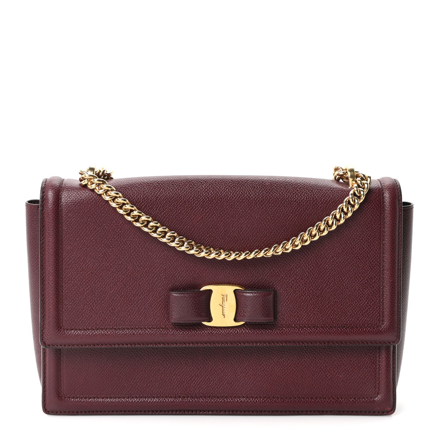 Salvatore Ferragamo Pebble Calfskin Ginny Vara Bow Shoulder Bag Burgundy 1 of 10