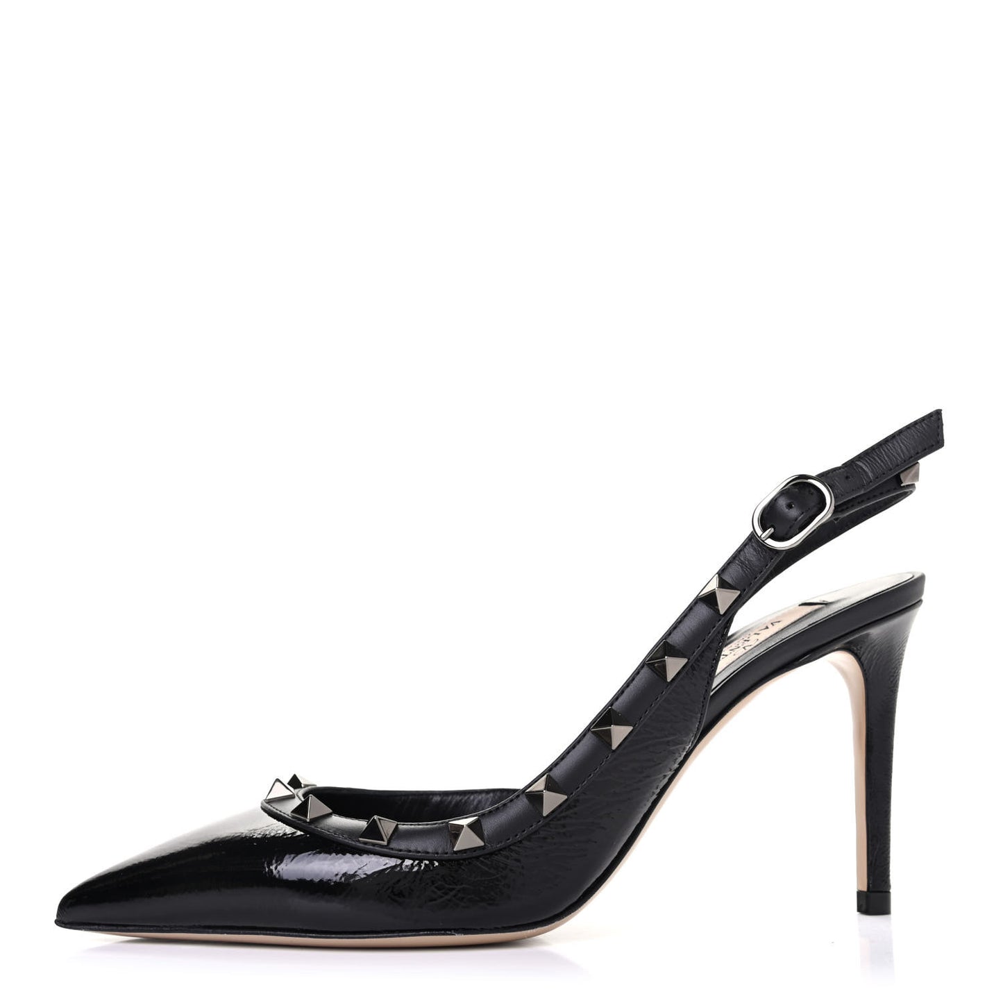 Wrinkled Patent Rockstud Half D'Orsay Slingback 85mm Pumps 36 Black