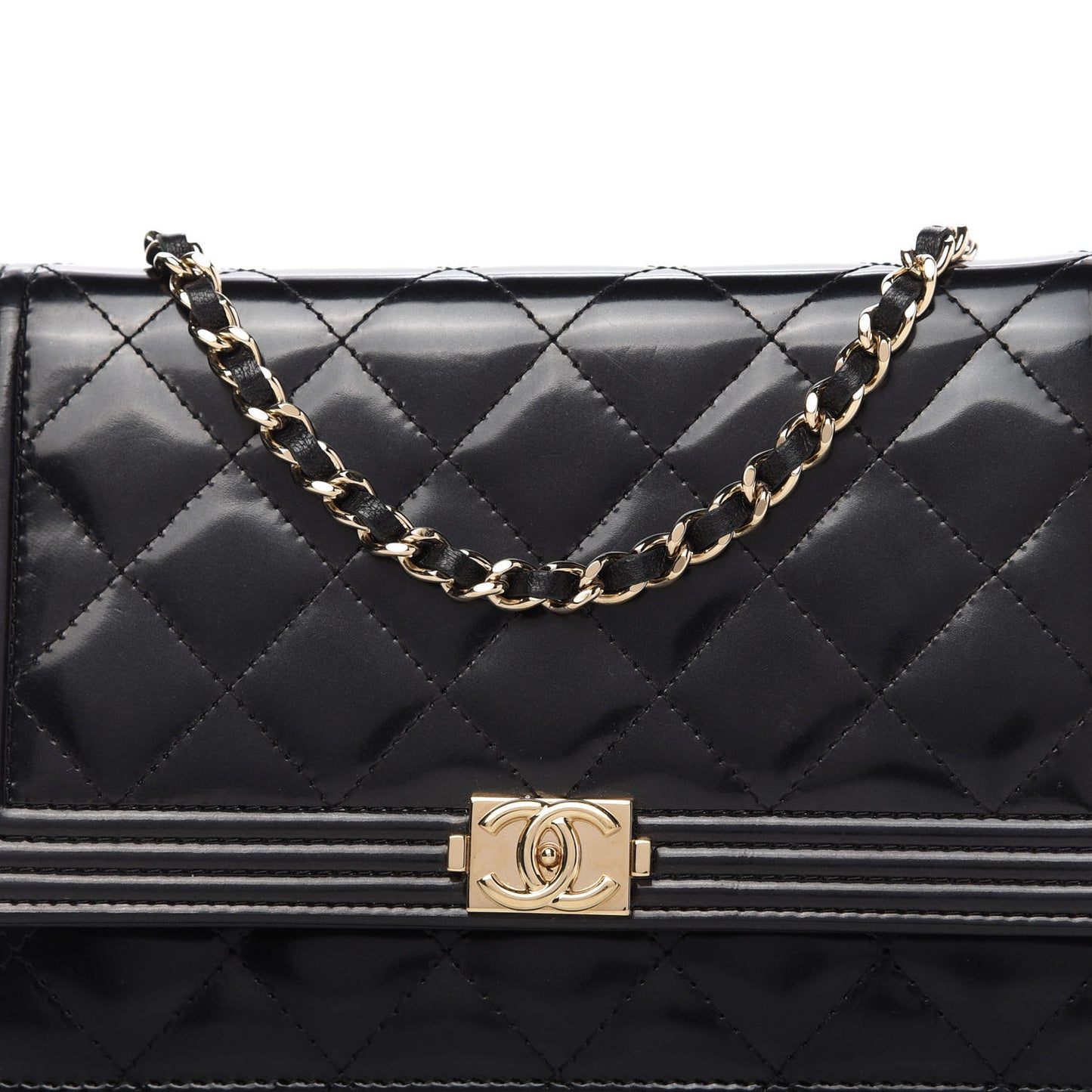 Patent Calfskin Quilted Boy Wallet On Chain WOC Black