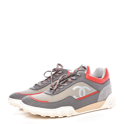 Chanel Nylon Calfskin Suede Mens CC Sneakers 45 Grey Red 3 of 11