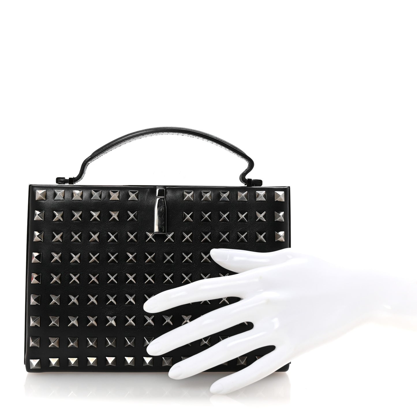 Vitello Monochrome Rockstud Allover Top Handle Clutch Black