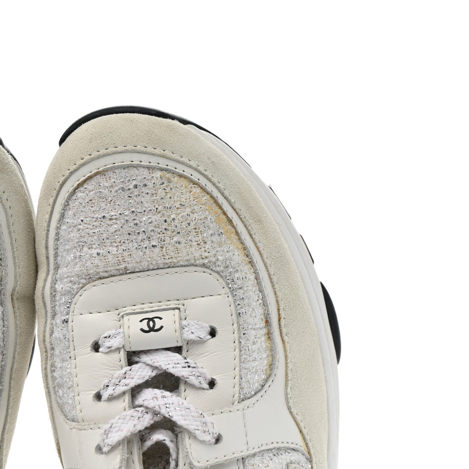 Chanel Painted Iridescent Cotton Tweed Suede Womens CC Sneakers 39 White Silver Multicolor 13 of 16