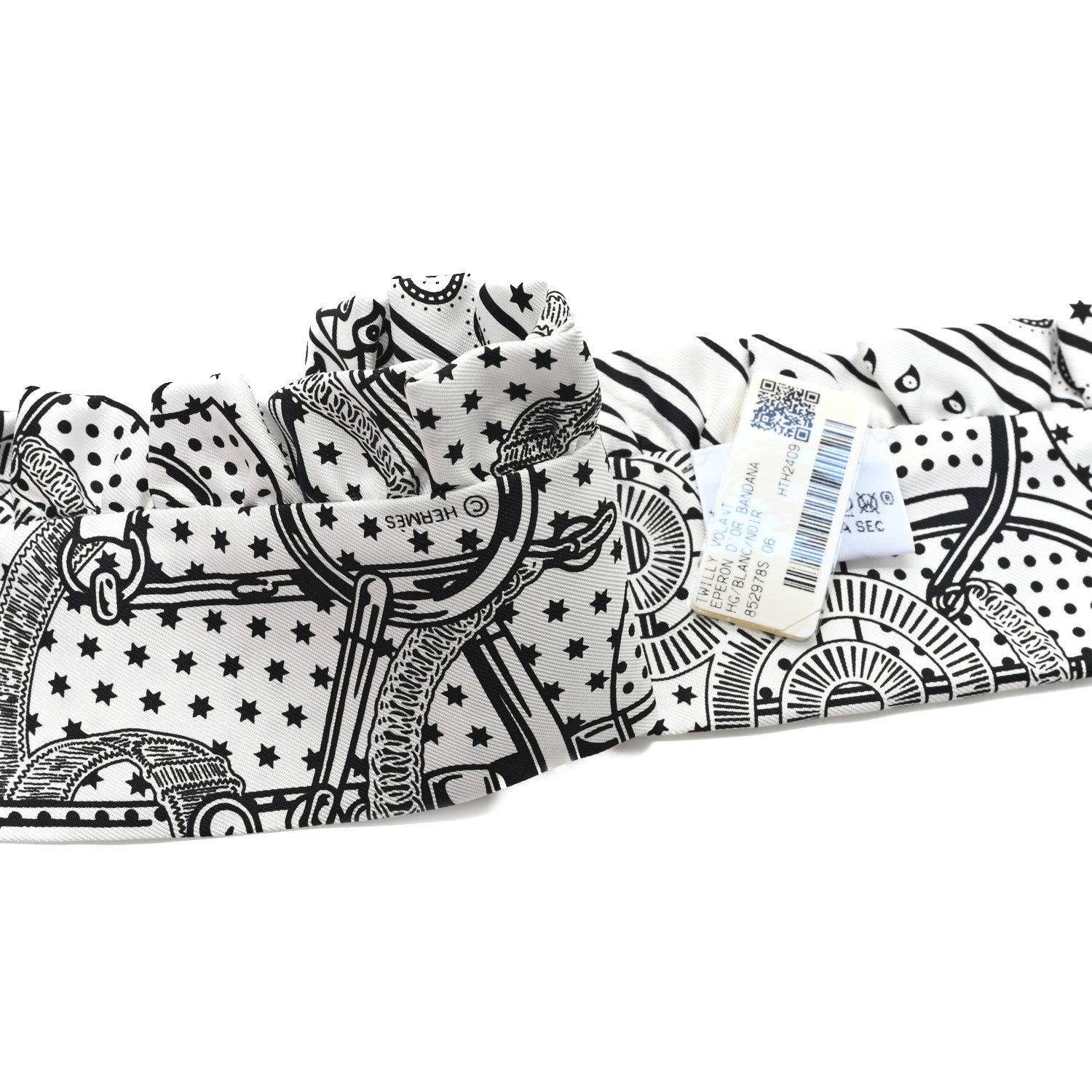 Hermes Silk Eperon d'Or Bandana Ruffle Twilly White Black 1817459