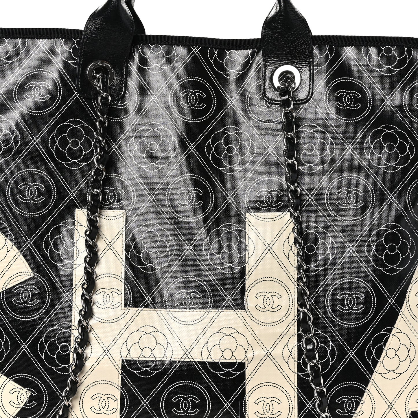 Coated Canvas Camellia Large Shopping Tote Black Beige