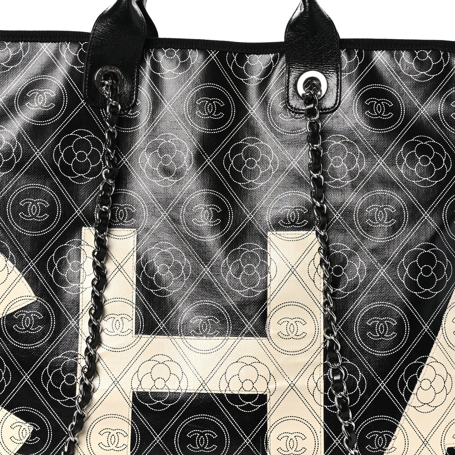 Chanel Coated Canvas Camellia Large Shopping Tote Black Beige 8 of 11