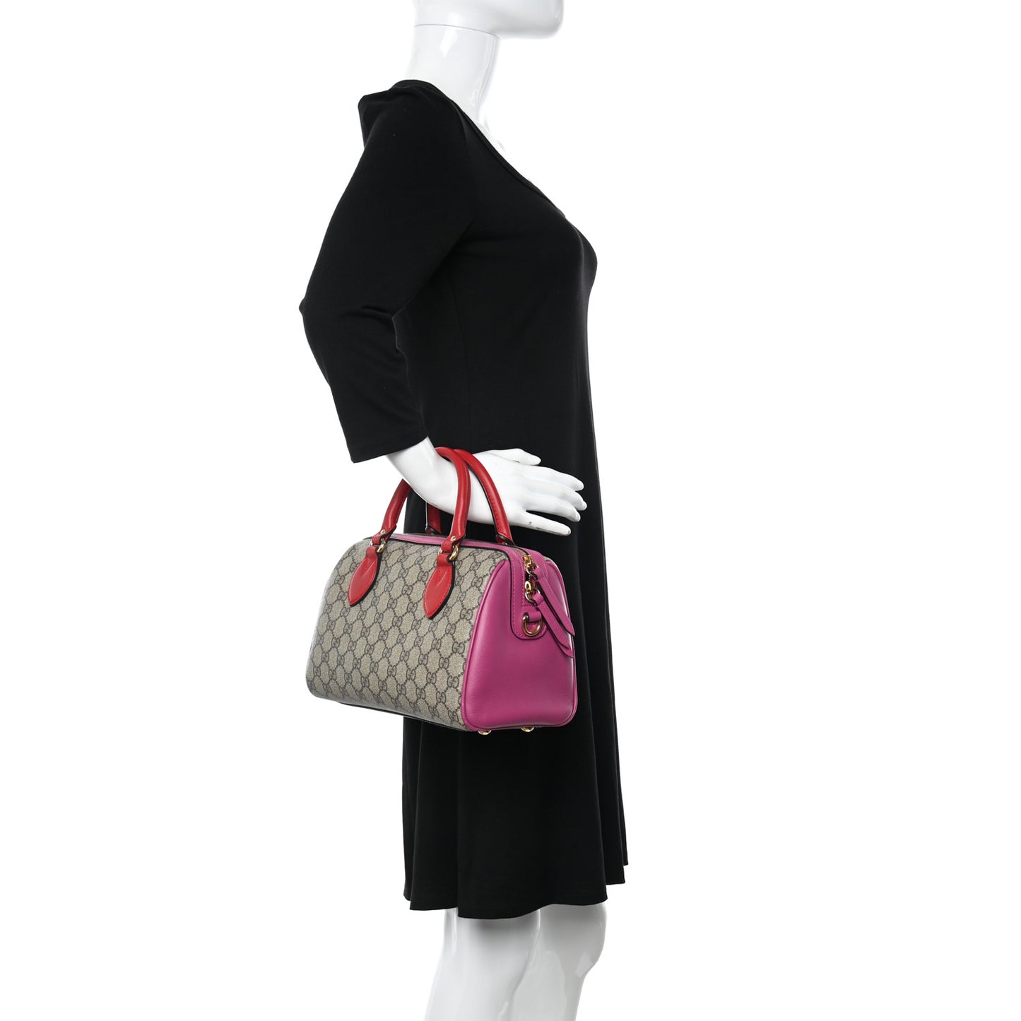 GG Supreme Monogram Moon Calfskin Small Boston Beige Ebony Hibiscus Red New Rosette