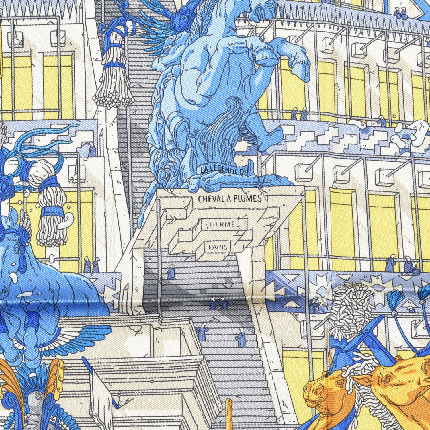 Hermes Silk La Legende Du Cheval A Plumes Scarf 90 Bleu Jaune Gold 2 of 4