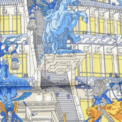 Hermes Silk La Legende Du Cheval A Plumes Scarf 90 Bleu Jaune Gold 2 of 4