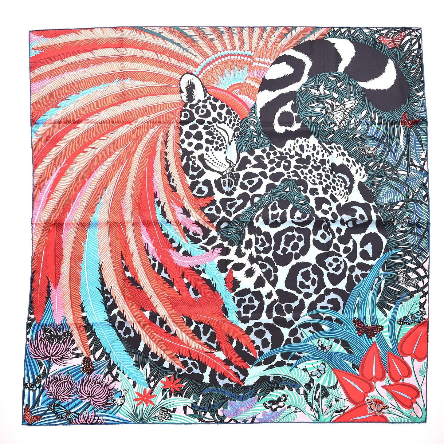 Silk Jaguar Quetzal Scarf 90 Quetsche Rose Bleu Vert
