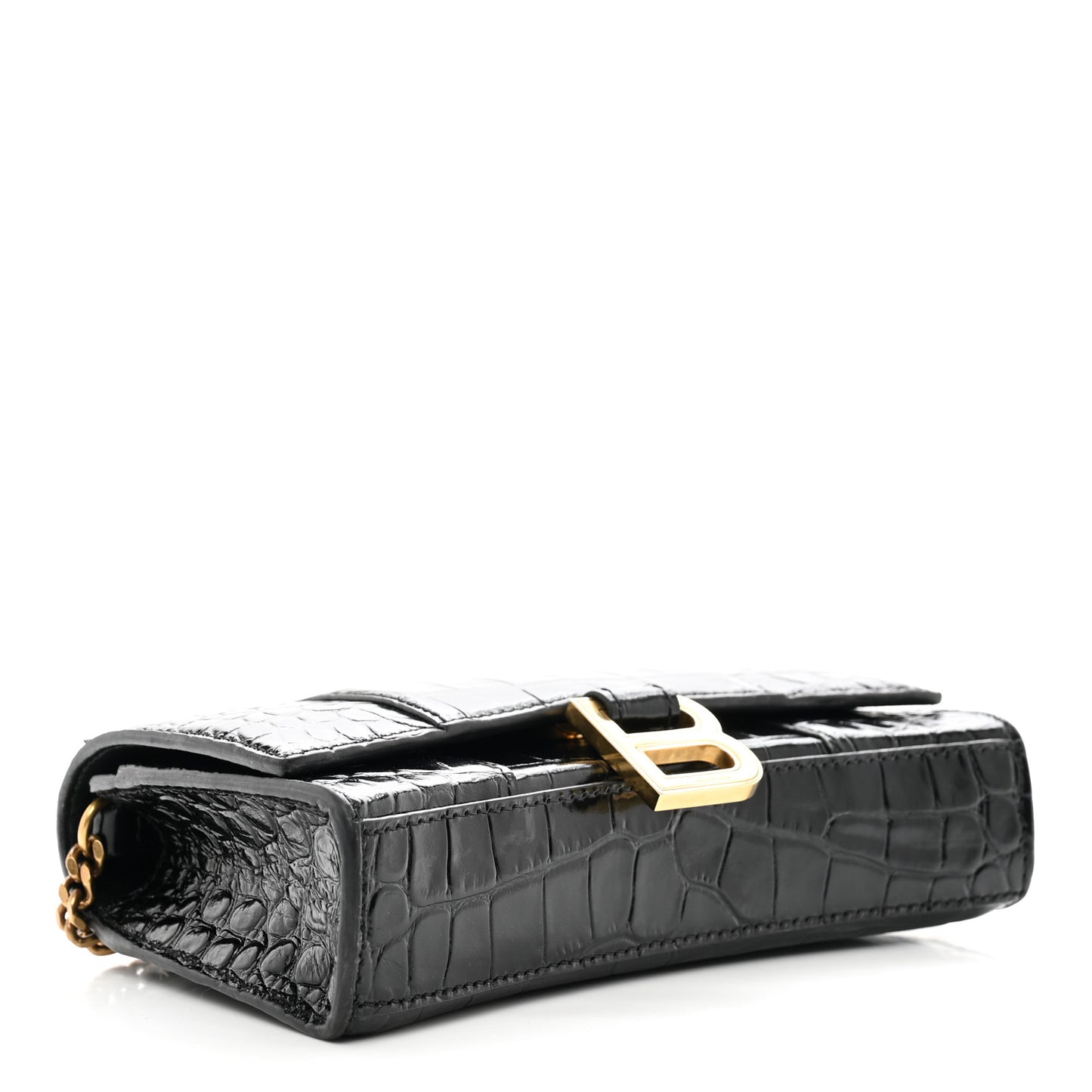 Shiny Calfskin Crocodile Embossed Hourglass Chain Bag Black