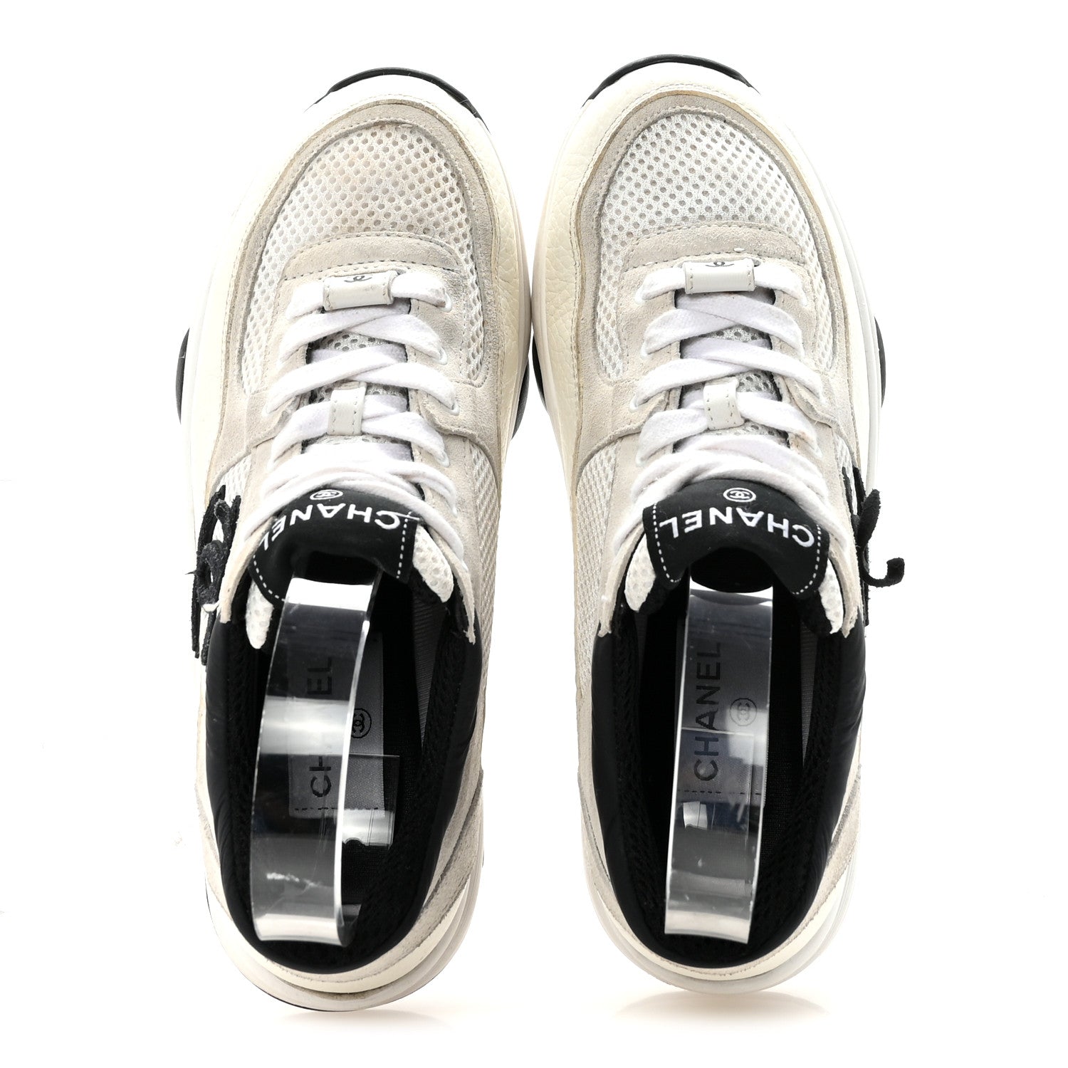 Chanel Mesh Suede Calfskin Grained Calfskin Womens CC Sneakers 36 White Black 2 of 9