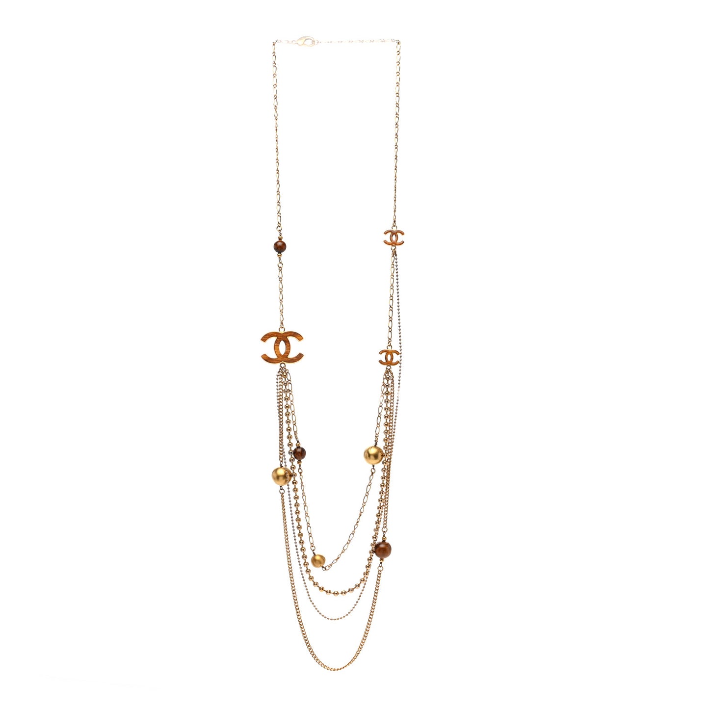 Metal Bead Wood CC Multi Strand Long Necklace Gold