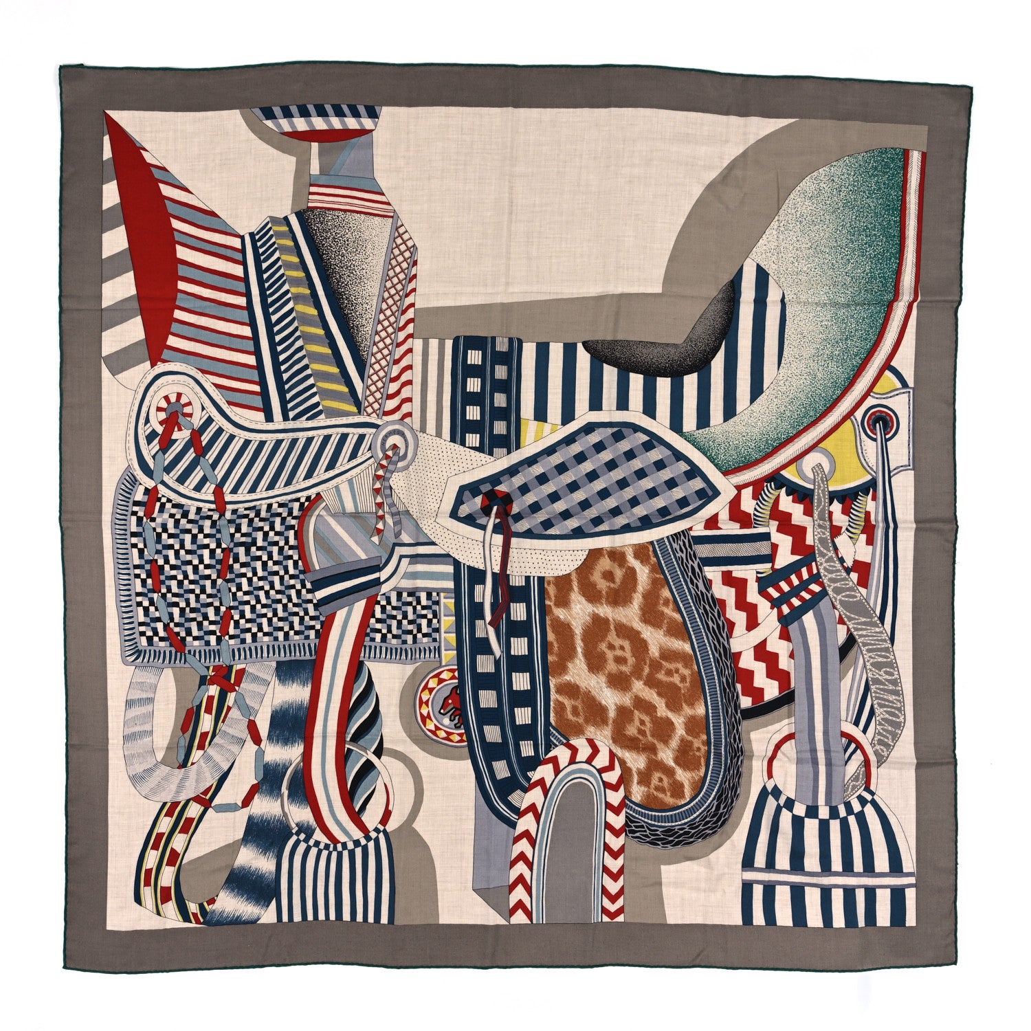 Hermes Cashmere Silk La Selle Imaginaire Shawl 140 Gris Cendre Naturel Bleu 1 of 4