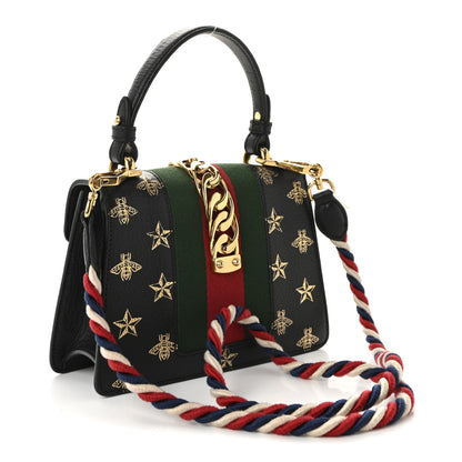 Gucci Textured Calfskin Bee Star Print Mini Sylvie Top Handle Bag Black 3 of 10