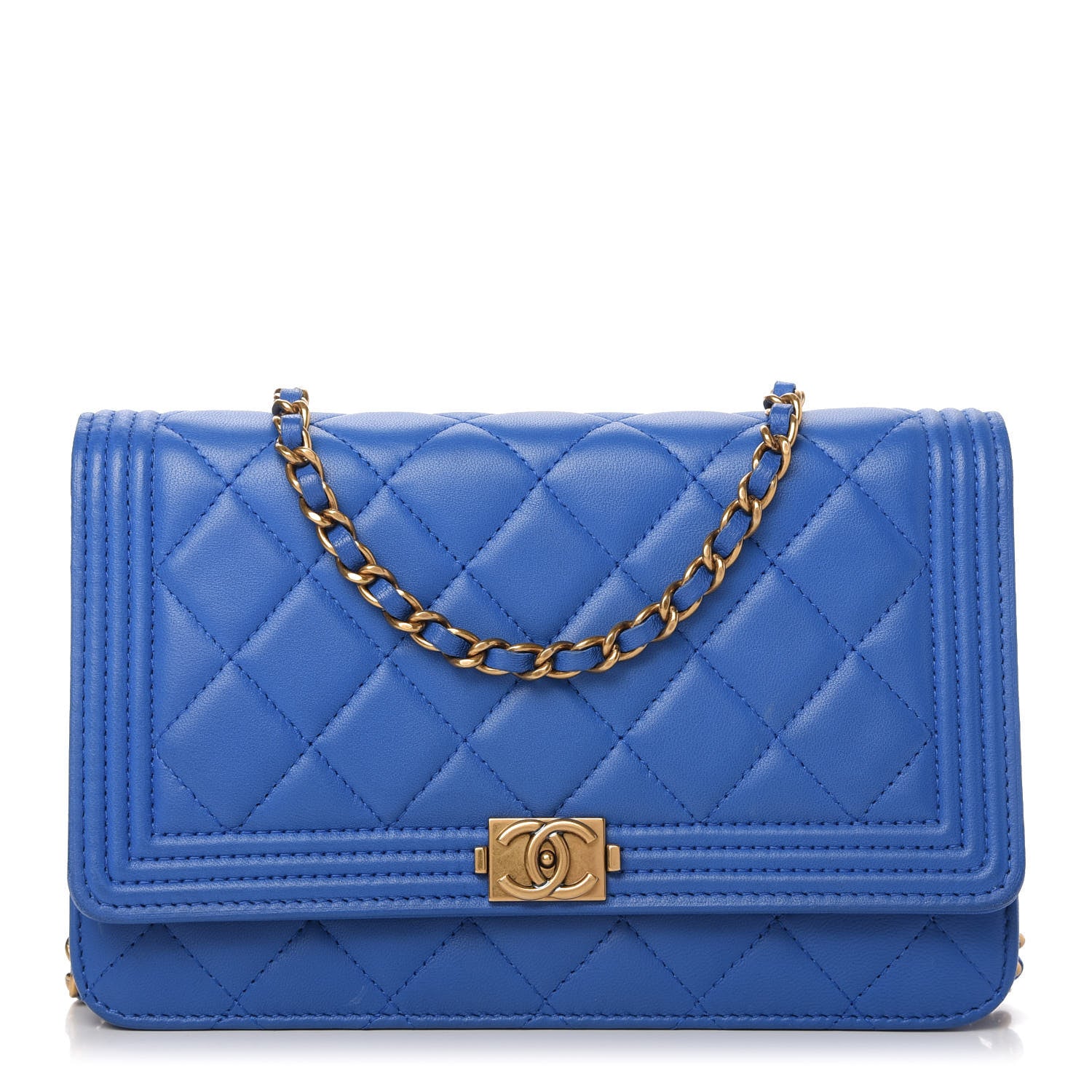 Chanel Lambskin Quilted Boy Wallet On Chain WOC Blue 1 of 12