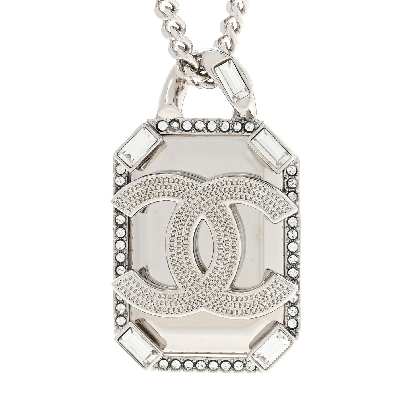 Crystal Baguette CC Mirror Pendant Necklace Silver