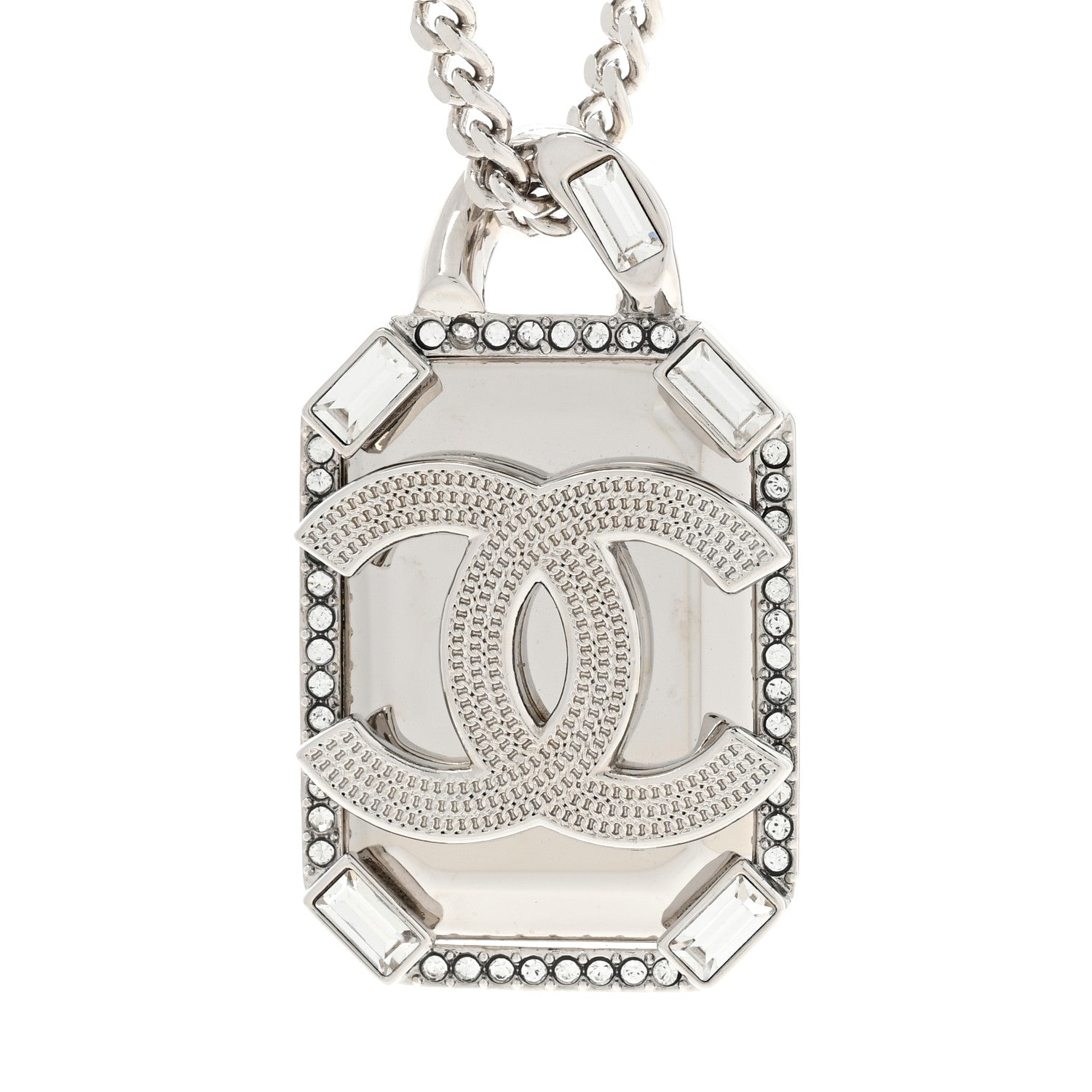 Chanel Crystal Baguette CC Mirror Pendant Necklace Silver 4 of 7