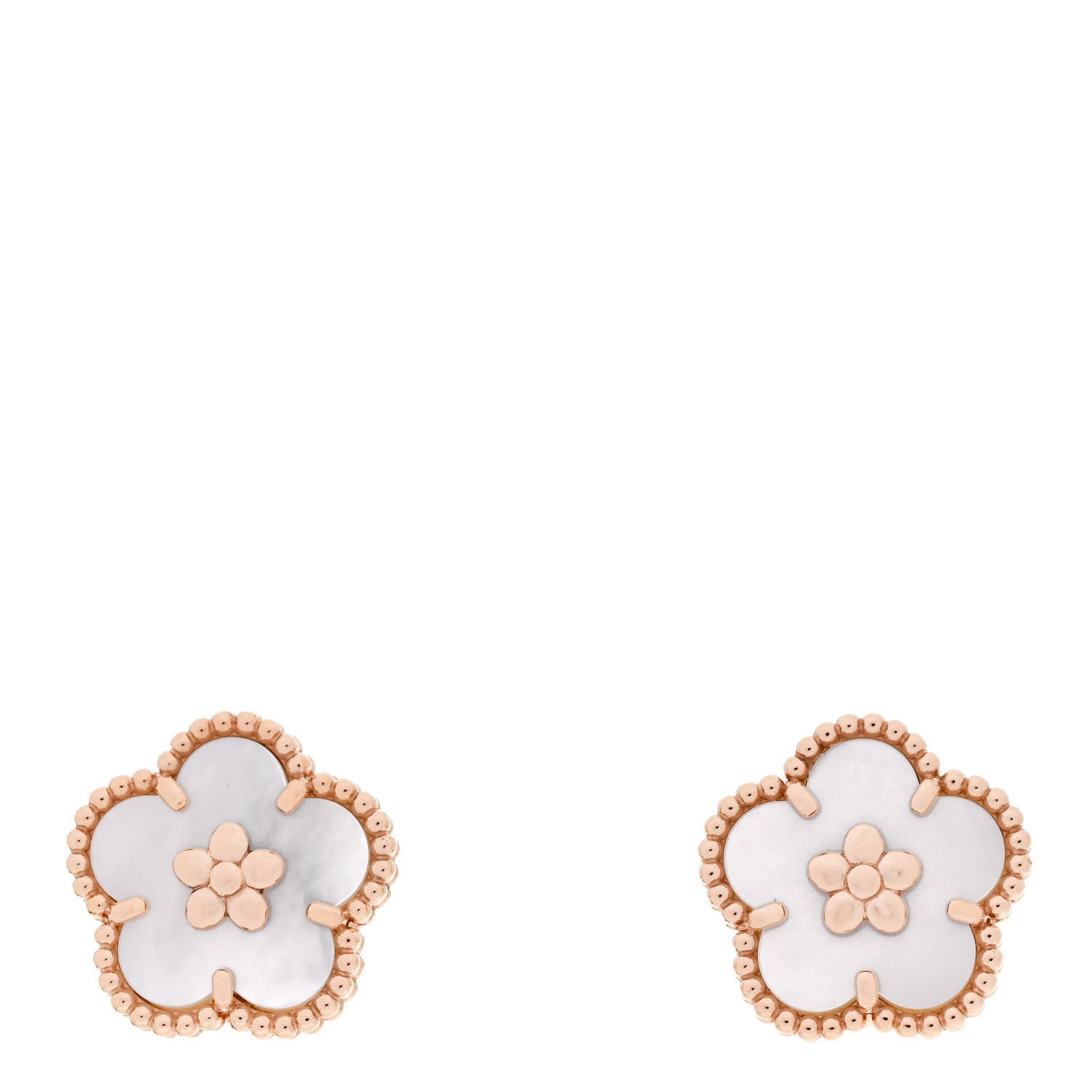 Van Cleef & Arpels 18K Rose Gold Mother of Pearl Lucky Springs Plum Blossom Earrings 1 of 5