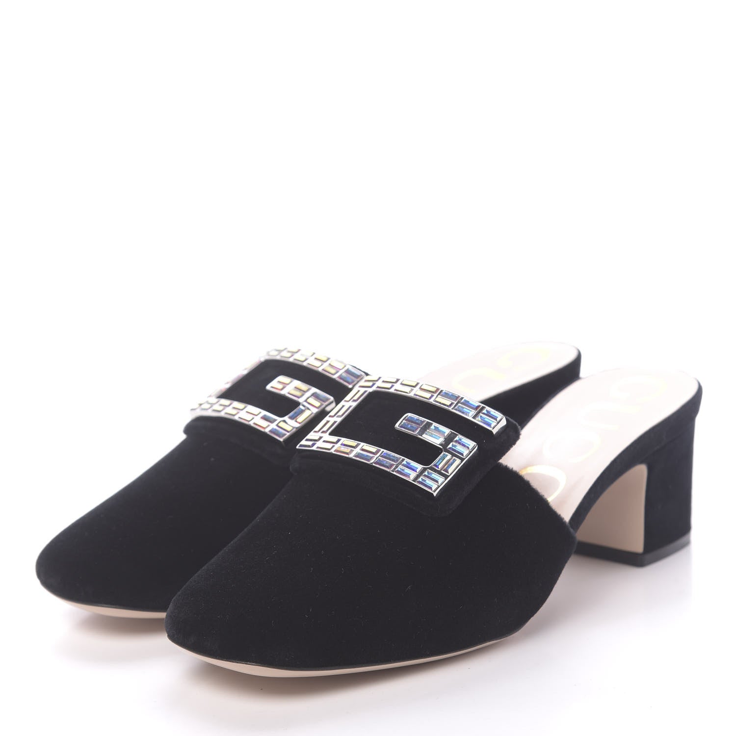 Gucci Velvet Crystal Square G Madelyn Mules 37.5 Black 3 of 10
